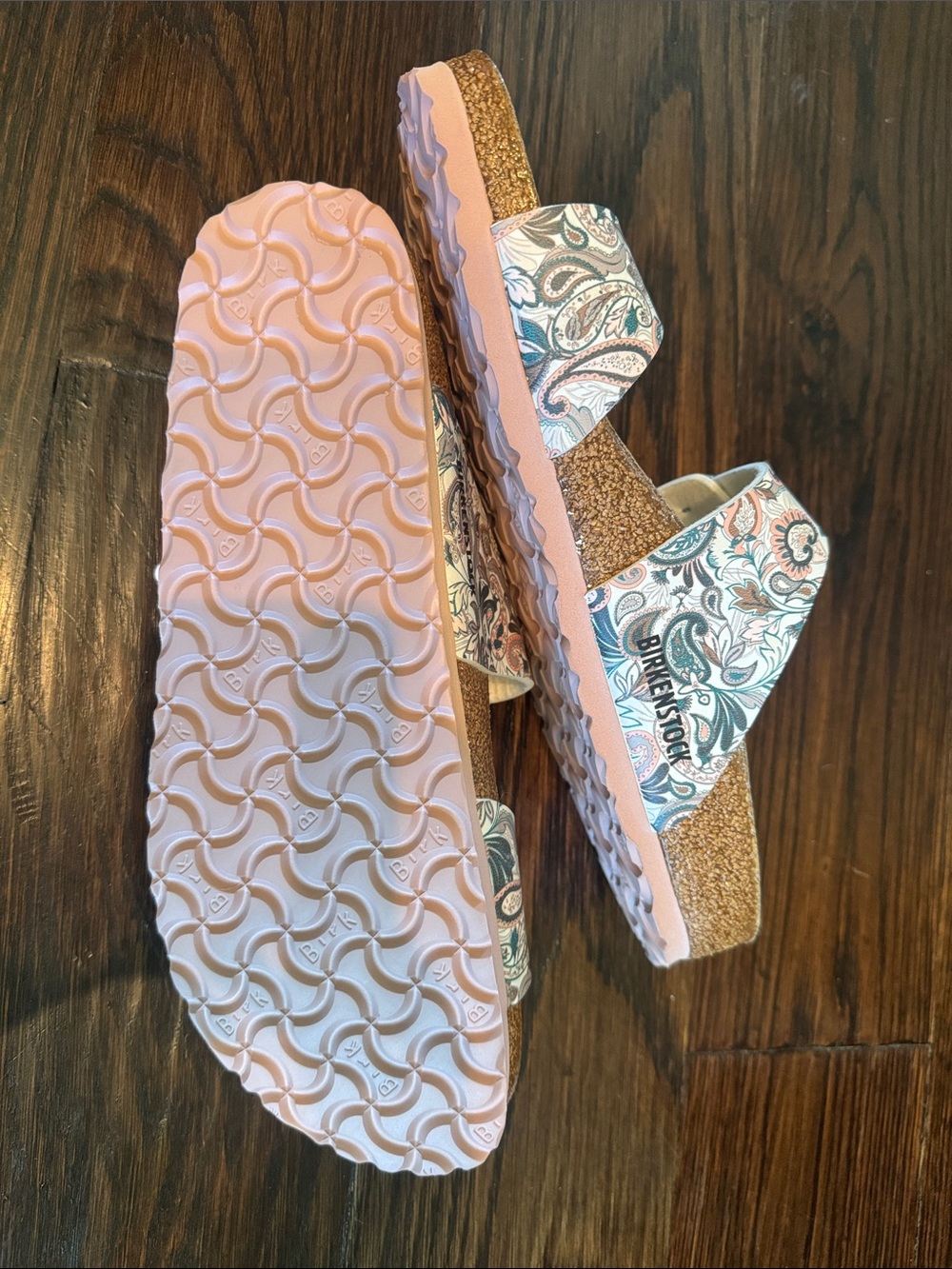 Birkenstock Women’s Sydney Vegan Two-Strap Paisley Sandal - Teal, Pink, White - Picture 4 of 5